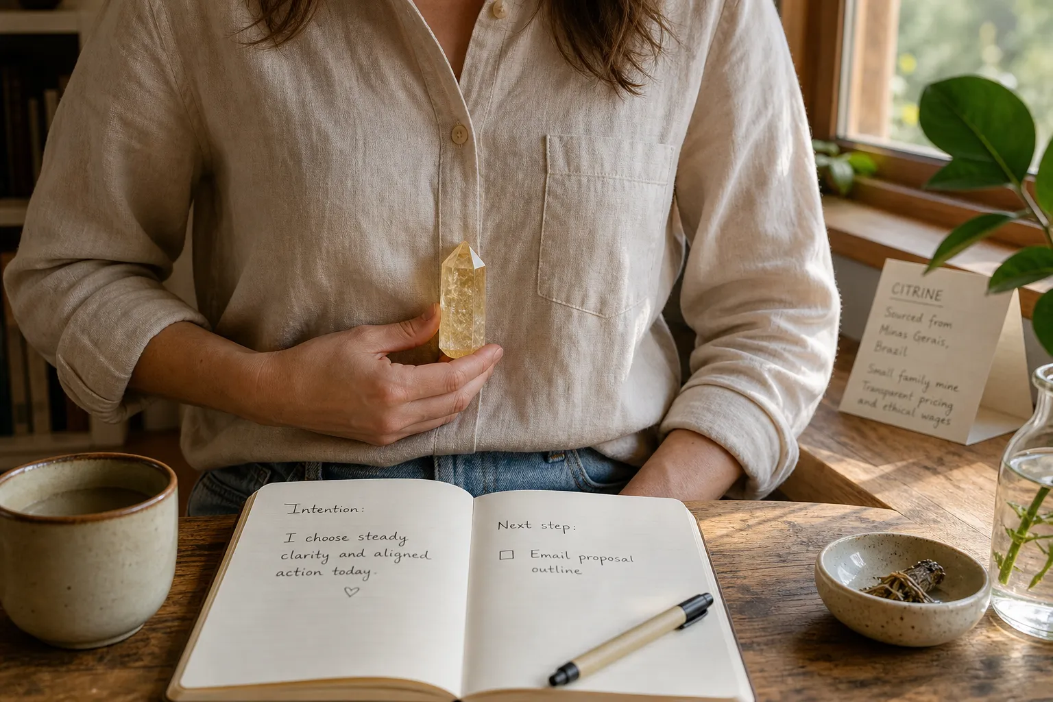 An unheated citrine point beside a journal, showing a simple intention-setting practice focused on one practical next step