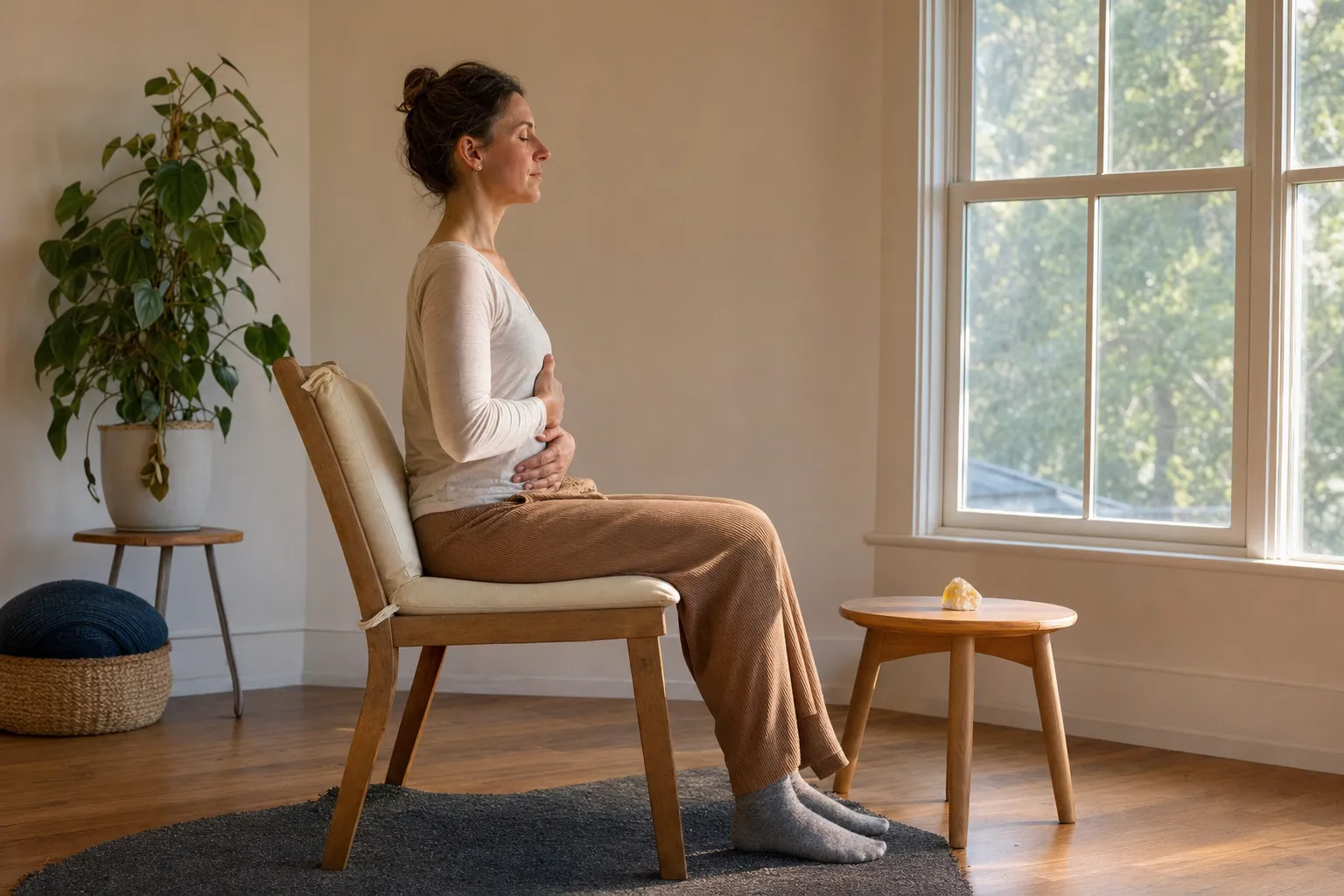 An east-facing room corner with a yellow citrine used as a modest meditation cue beside a supported seat