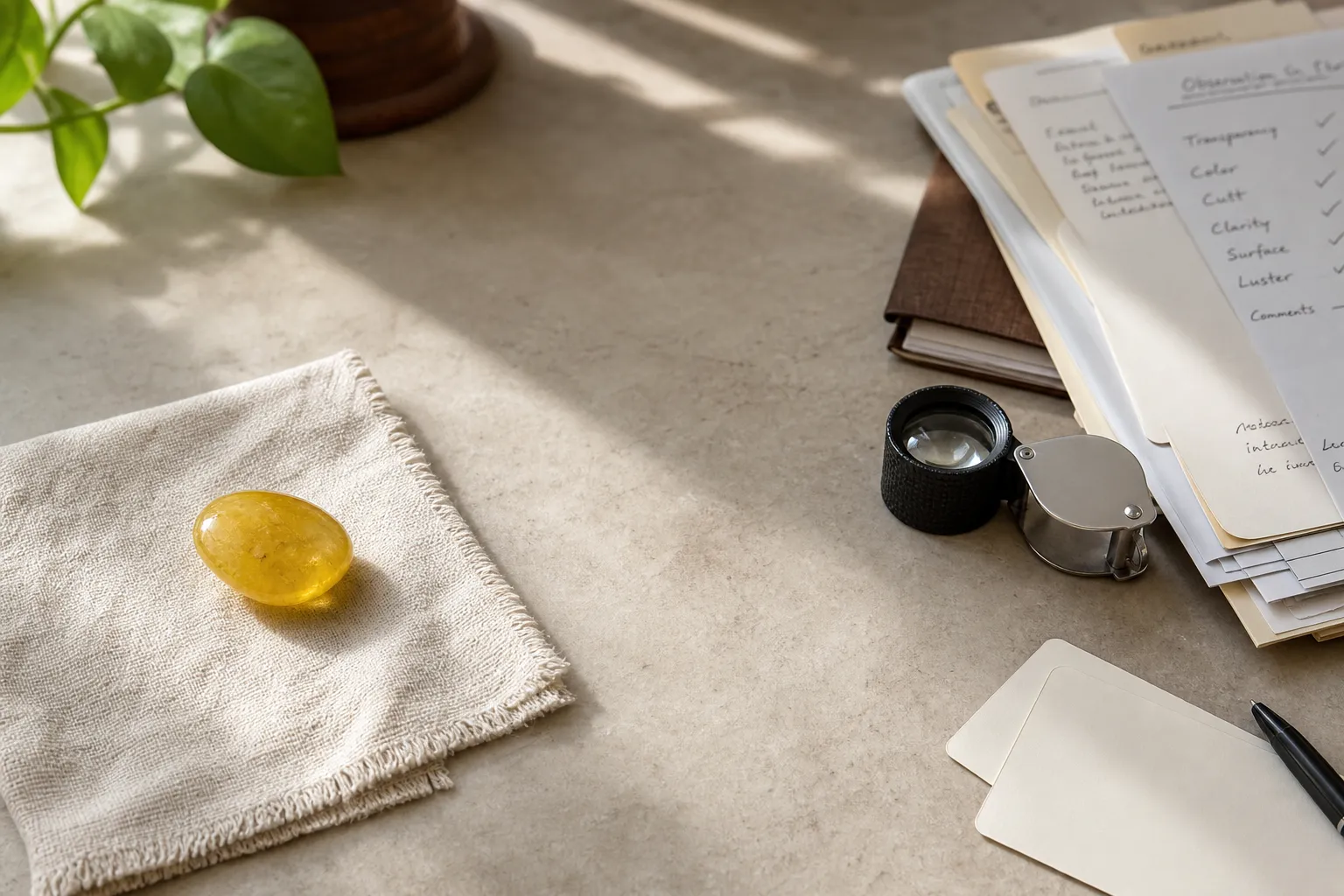 A meditation setup separating a yellow stone as a visual cue from written notes about disclosure and evidence