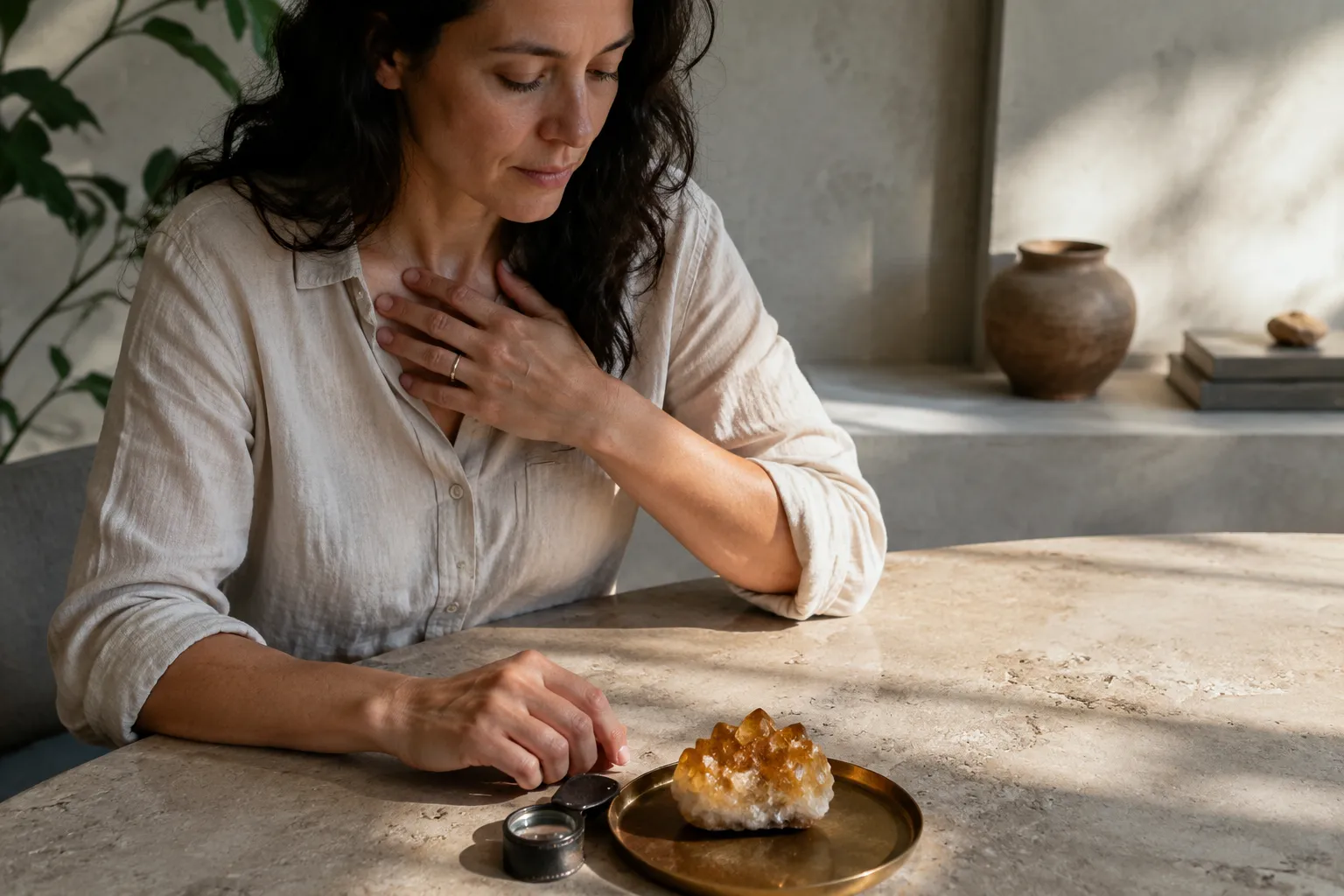 A calm editorial scene showing a person noticing body tension while reflecting on self-doubt