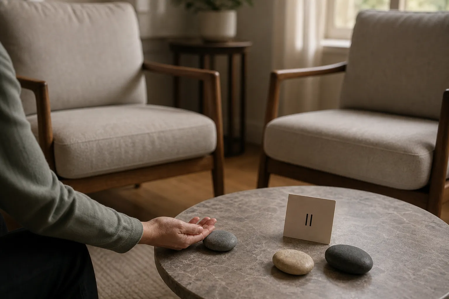 A calm wellness setup with optional stones, open seating, and a visible stop point for consent-led sensory practice