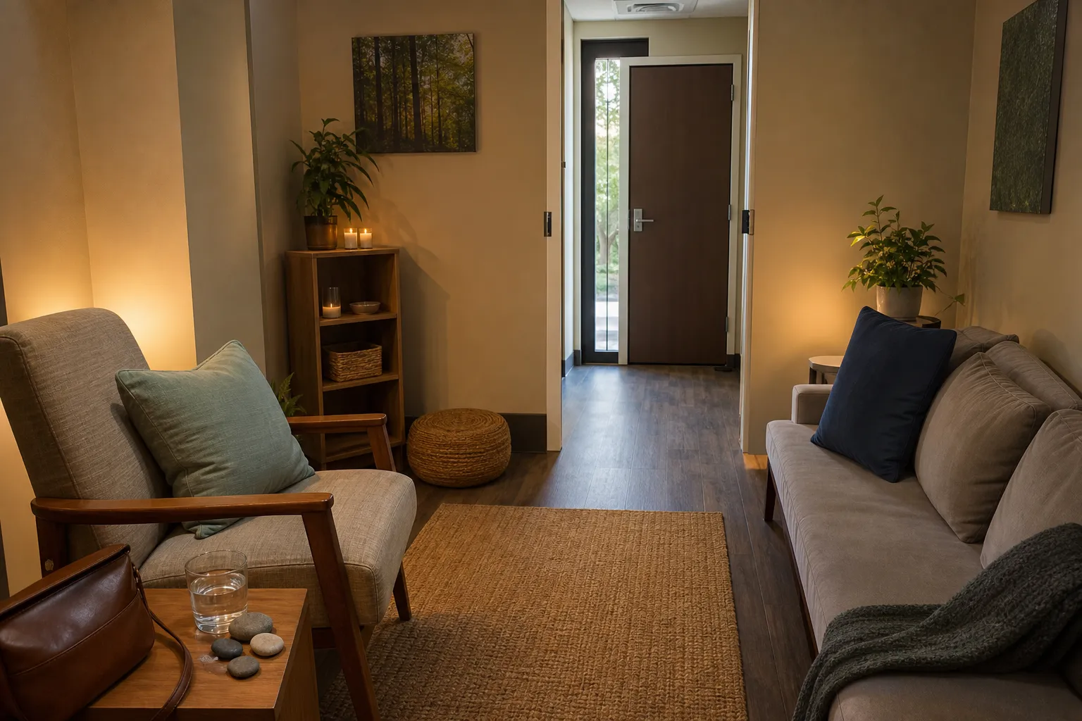 A wellness room arranged with supportive seating, stable stone placement, personal items, and an unobstructed path to the door