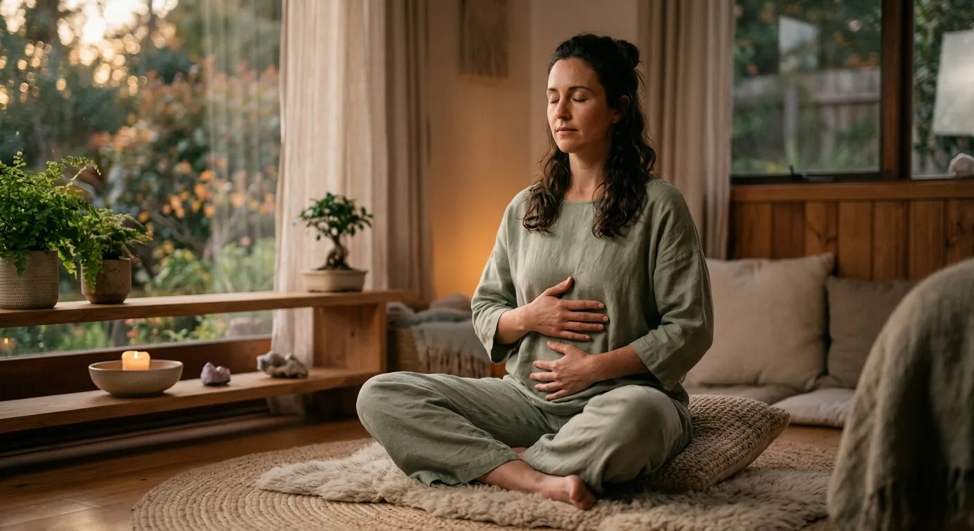 Person practicing somatic meditation with hands on abdomen