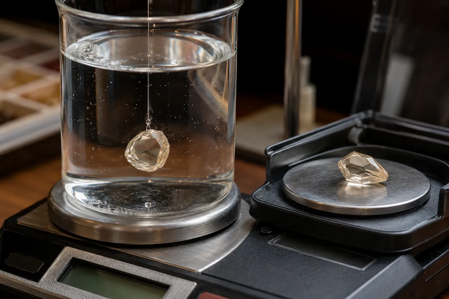 Hydrostatic weighing setup showing a loose quartz stone weighed in air and suspended in water