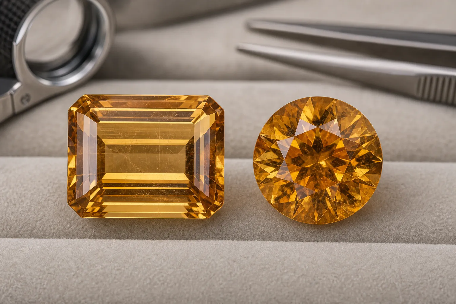 Comparison of step-cut and brilliant-style citrine showing how quiet parallel reflections can reveal lines while smaller flashes can interrupt them
