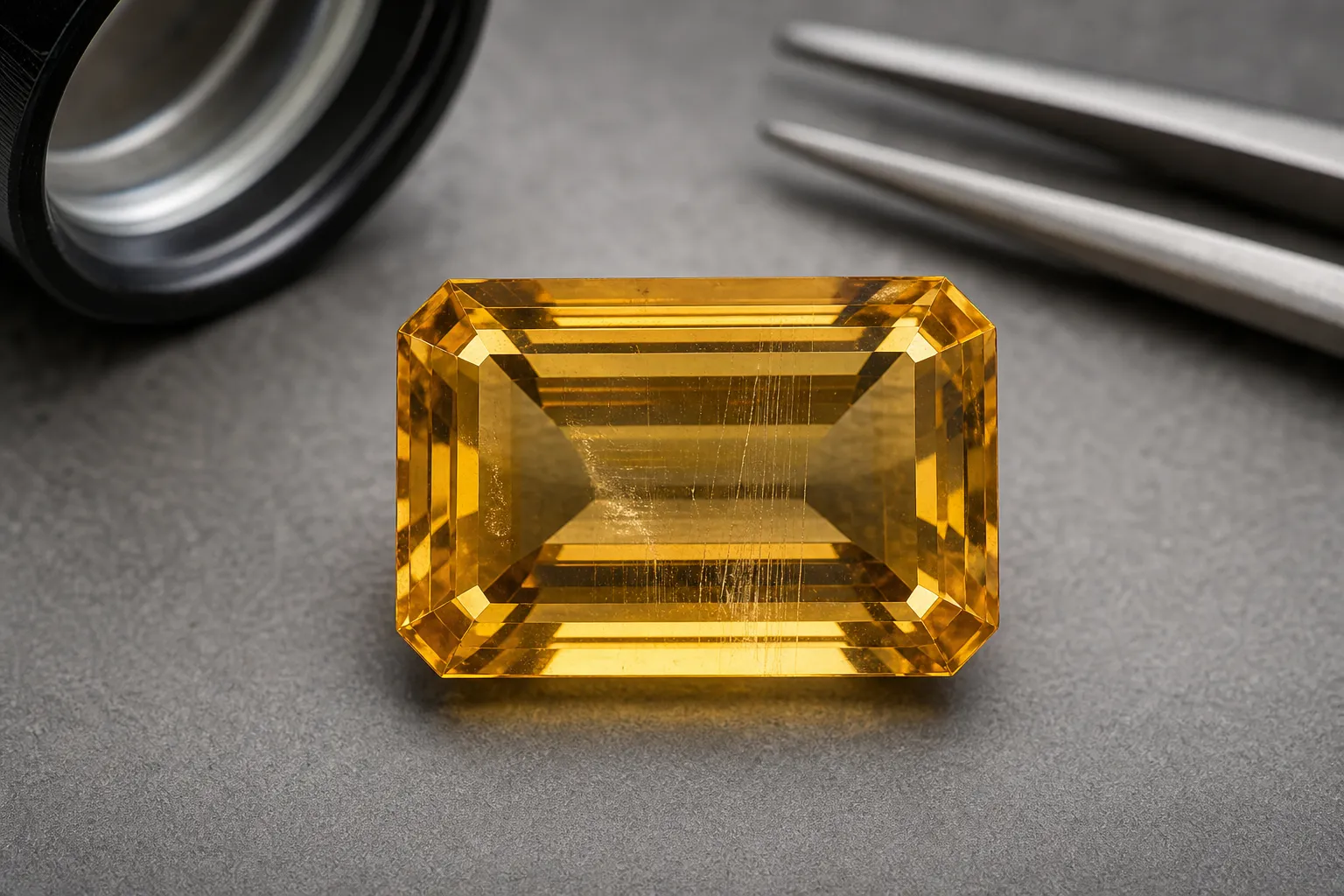 Emerald-cut citrine showing how a broad table and long parallel facets can make internal lines and cloudy areas easier to see