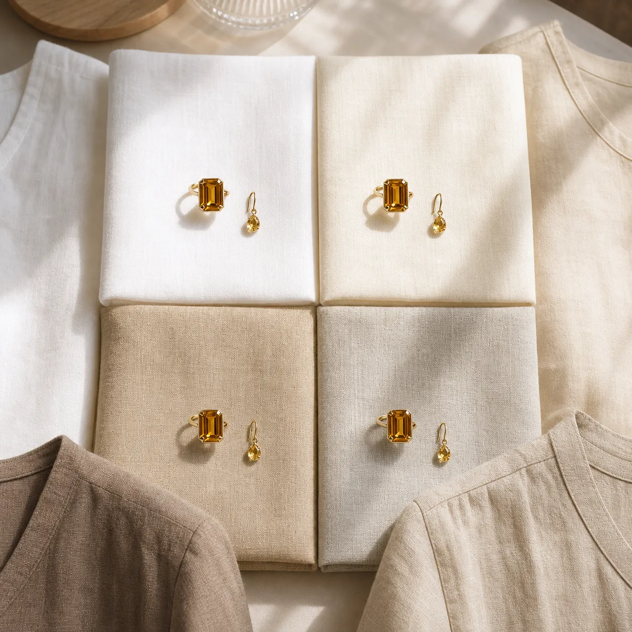 Linen color and jewelry placement options for styling deep citrine through a seasonal transition
