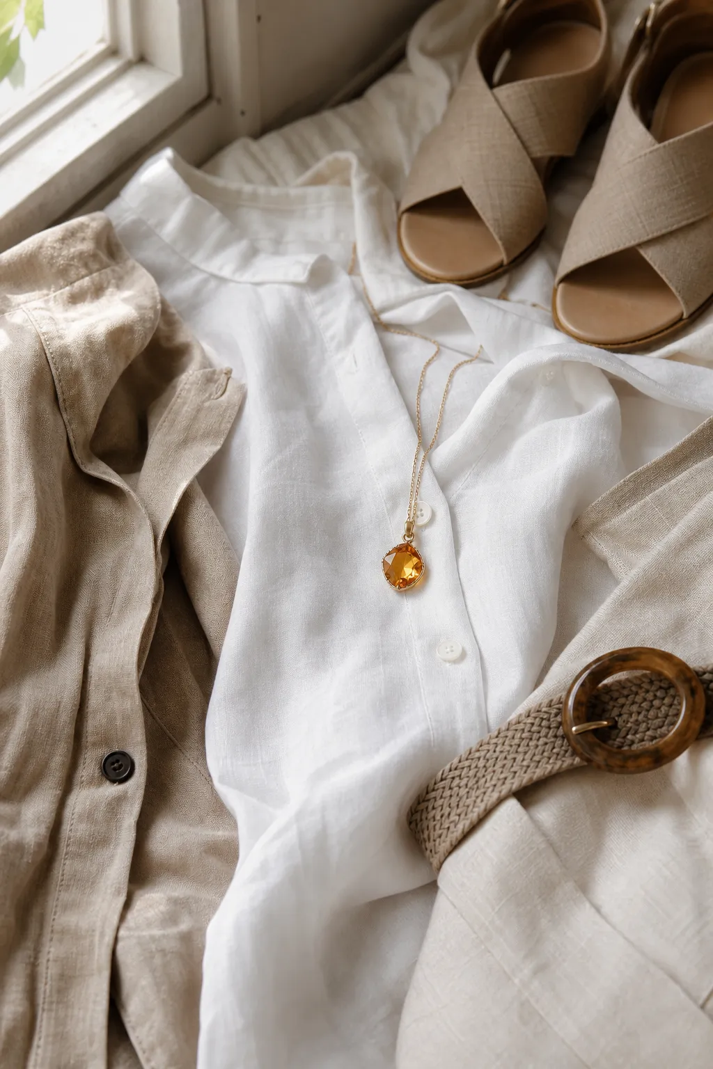 Deep citrine jewelry placed as one warm focal point against pale summer linen