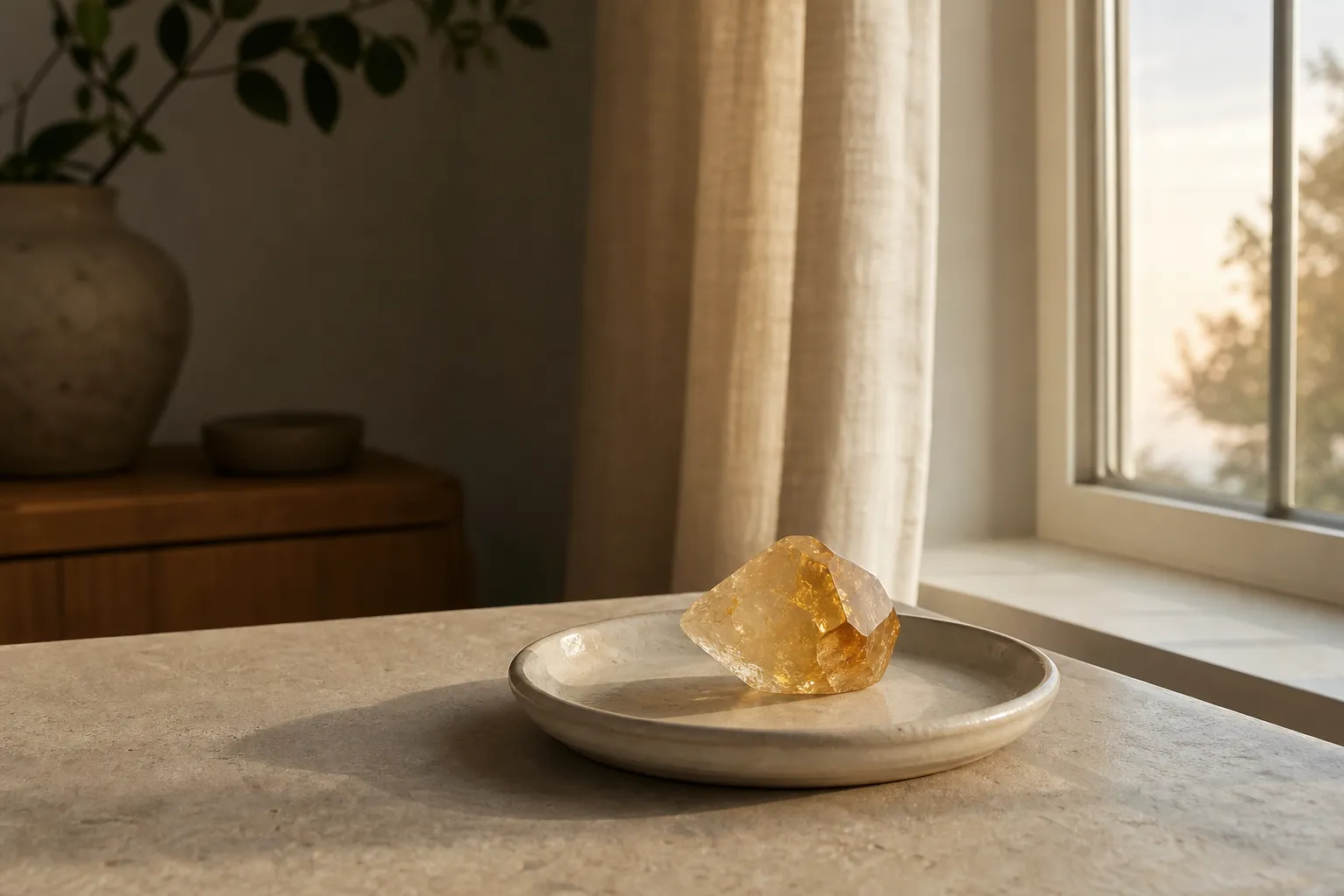 Citrine placed in a short, mild morning light window to show sunrise as the gentler default ritual choice