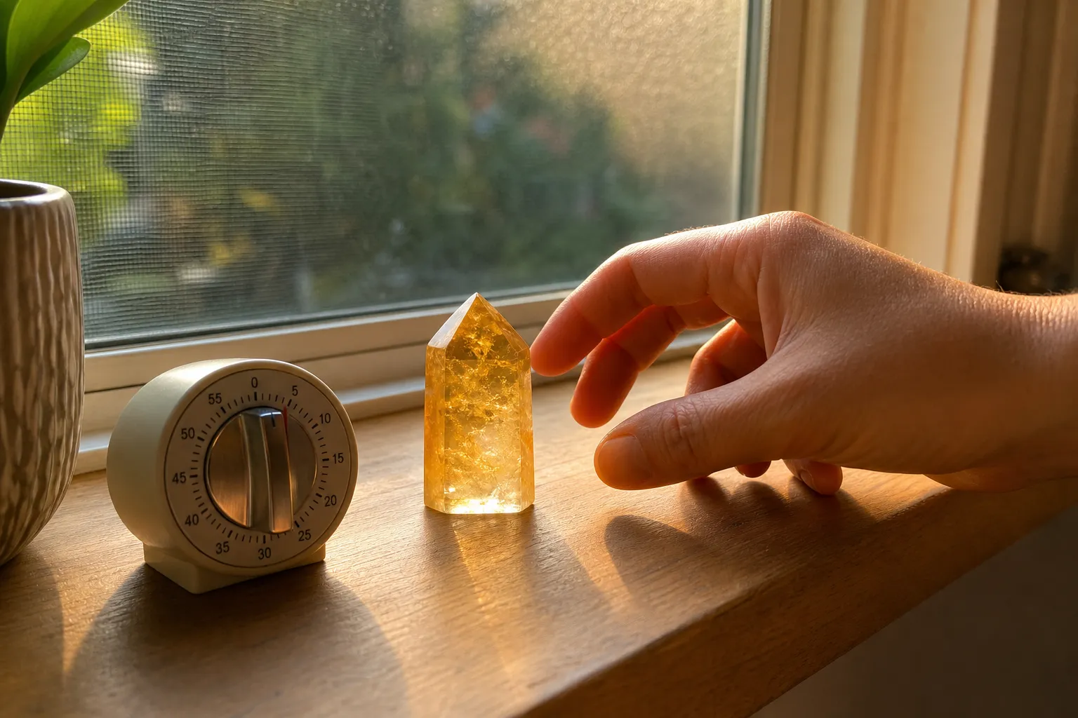 Citrine near a monitored gentle light window showing that brief exposure matters more than forcing a long sunbath