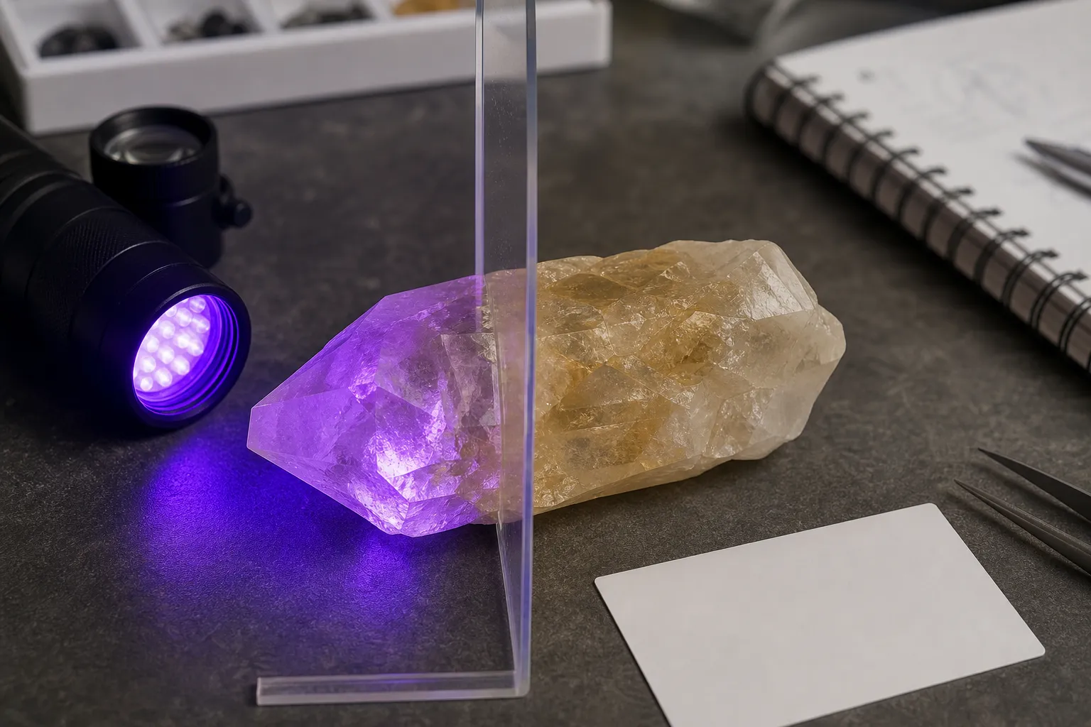 Faded yellow quartz beside a UV lamp with a clear boundary between possible light response and reliable color restoration