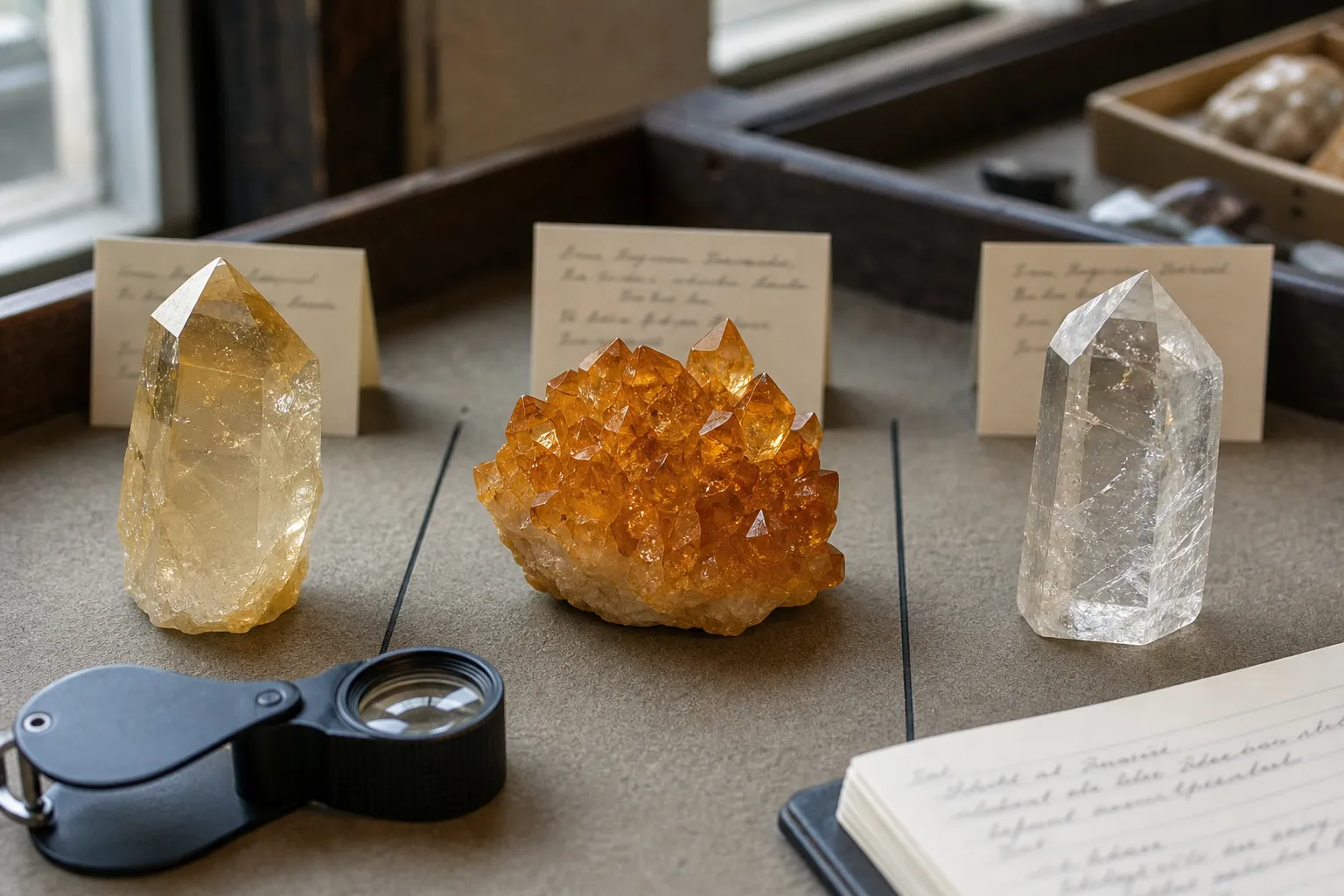 Quartz-family crystals compared by formation history, heat exposure, label clarity, and personal interpretation