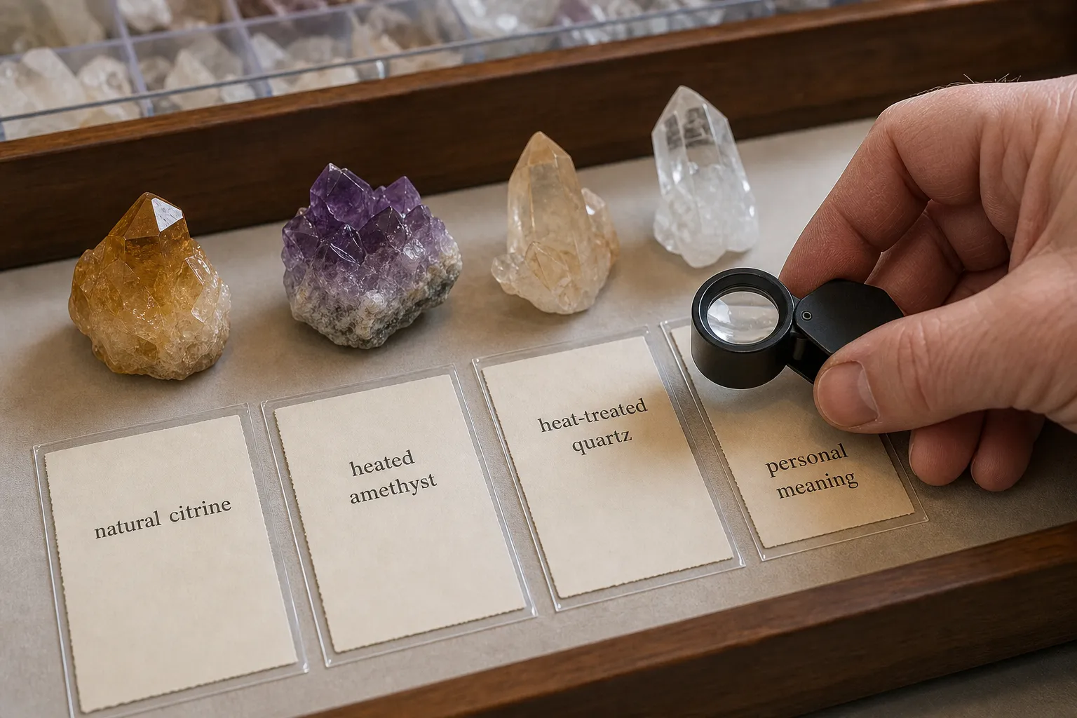 A citrine-focused label check separating natural citrine, heated amethyst, heat-treated quartz, and personal meaning