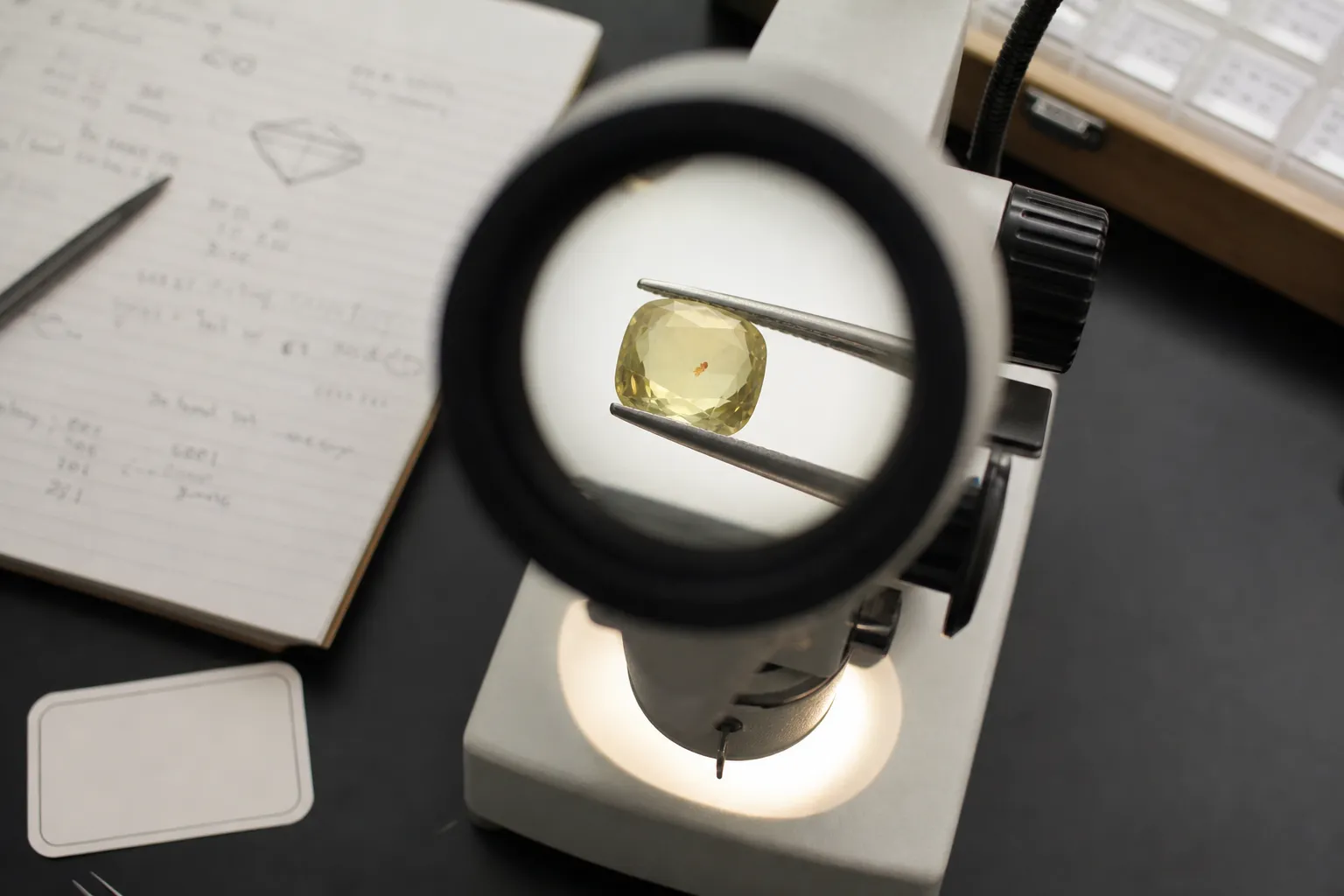 Gem observation setup showing magnification for a rust-colored inclusion while invisible defect behavior remains an evidence boundary