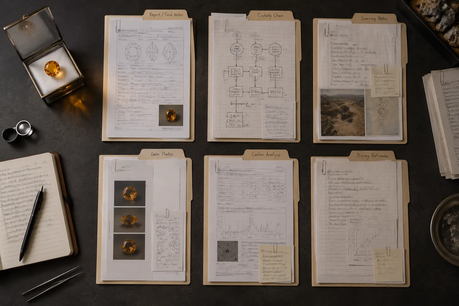 Separate evidence layers for citrine identity, treatment disclosure, provenance, ethical sourcing, carbon claims, and premium pricing