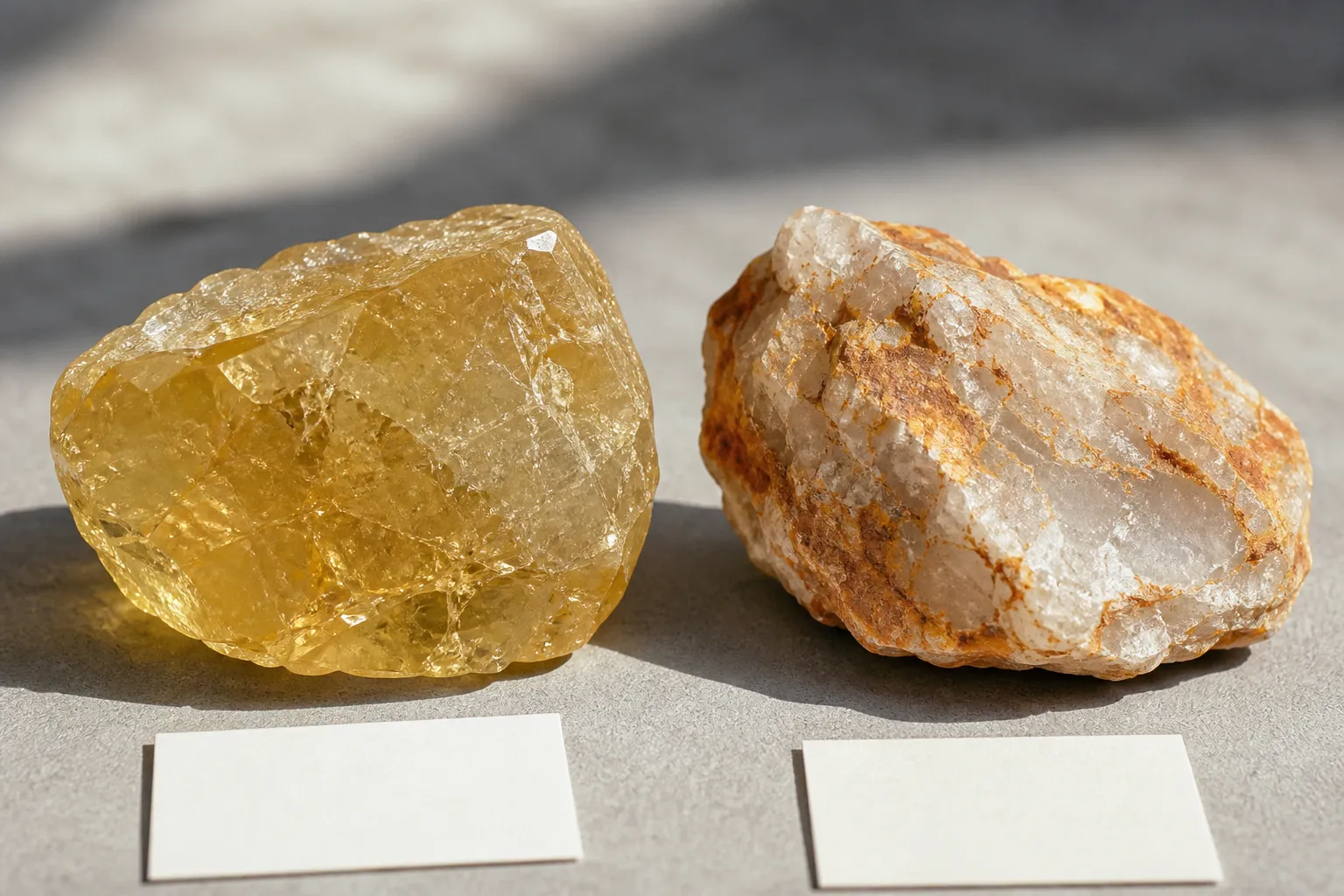 Comparison of internal golden quartz color and rusty surface staining on quartz fractures
