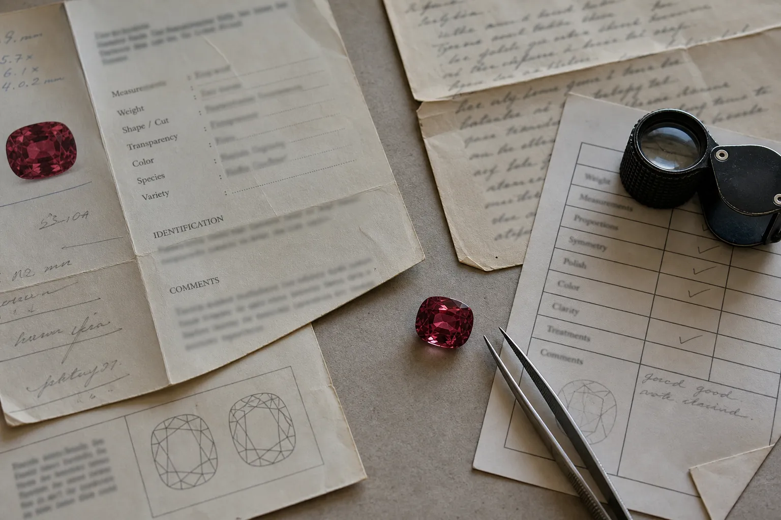 Gemstone auction documents showing report language, treatment notes, provenance details, and condition review