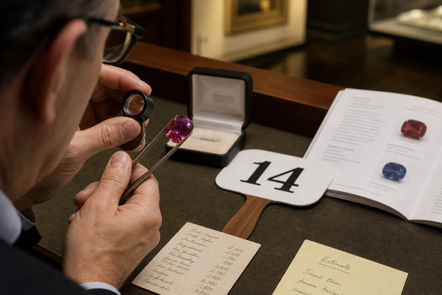 Rare gemstone auction lot with documents, estimate notes, and bidding paddle considered together