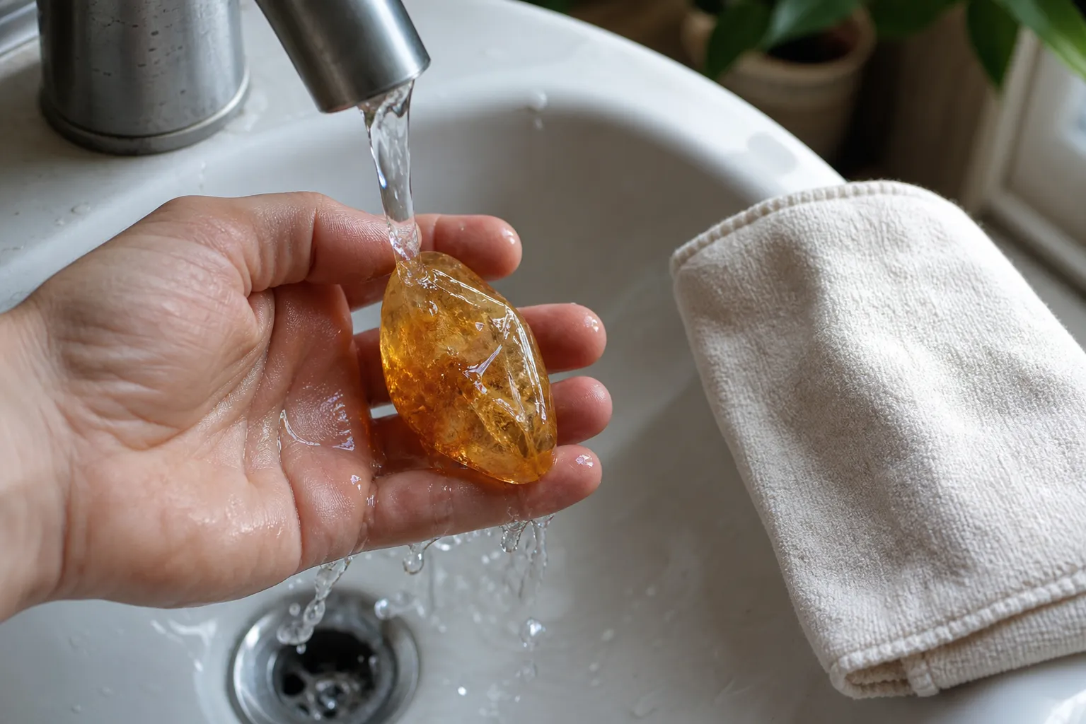 Stable citrine being briefly rinsed with lukewarm water and dried with a soft cloth