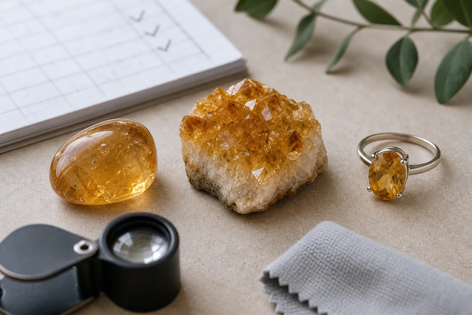 Citrine pieces compared for water care risk, including a polished loose stone, a rough cluster, and a mounted ring