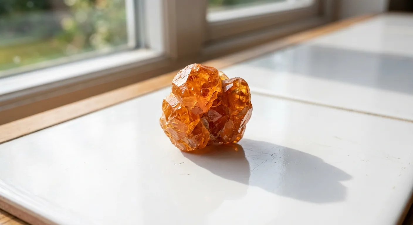 A crystal specimen placed on a pure white paper base under bright daylight