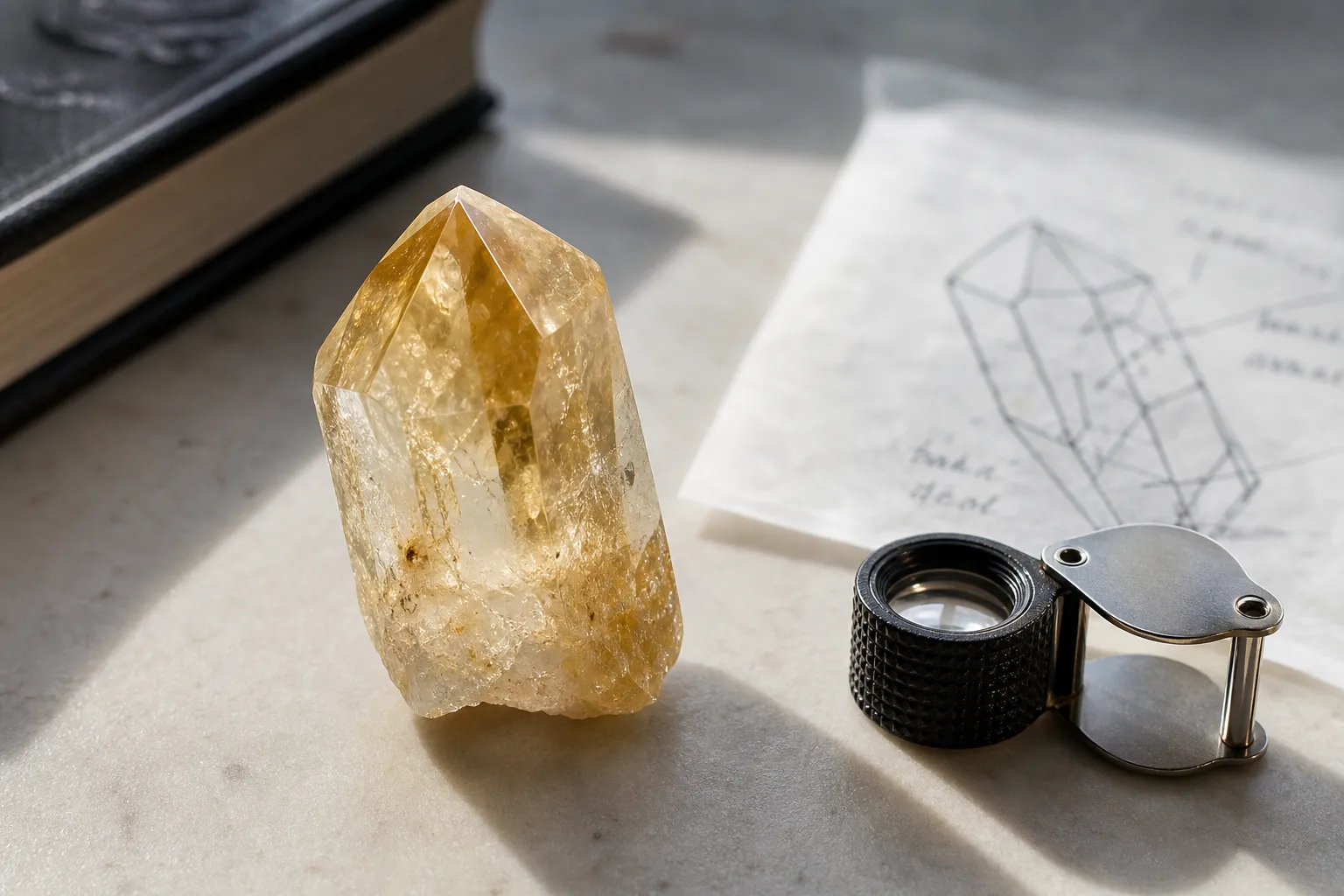 Natural citrine crystal near indirect daylight showing that color stability depends on internal quartz features, not surface dye