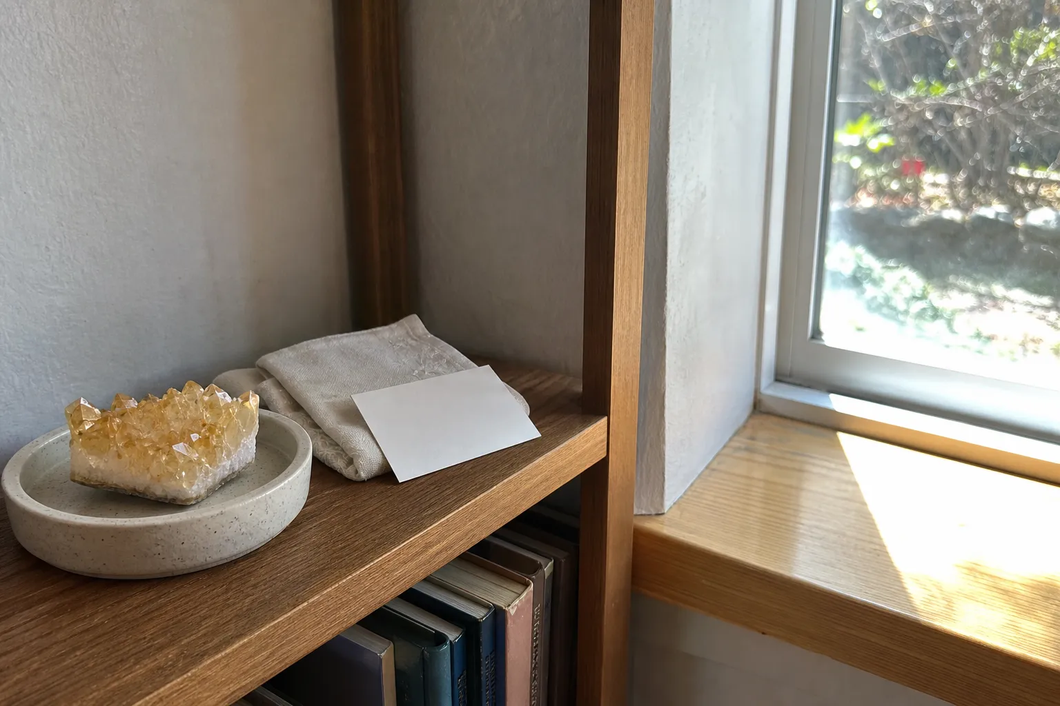 Citrine display moved from a hot sunny windowsill to bright indirect light for conservative color preservation
